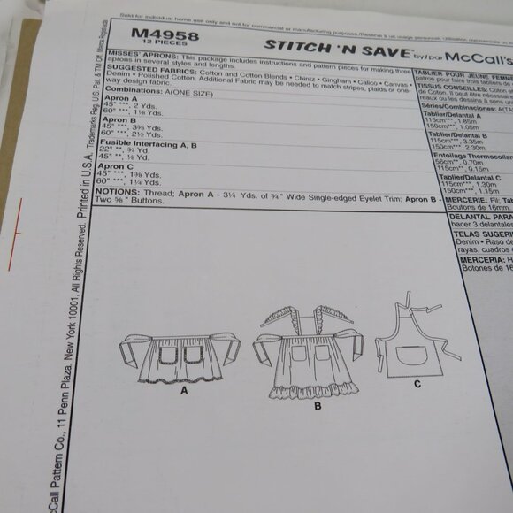 McCalls M4958 EASY Sewing Pattern 3 styles aprons Kitchen or crafts UNCUT - Picture 7 of 7